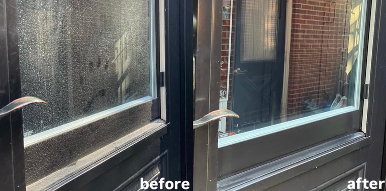 Before and after comparison of window cleaning showing dirty glass on left and clean glass on right