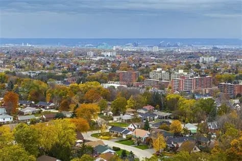 Aerial view of suburban neighborhood with autumn foliage and city skyline in the background