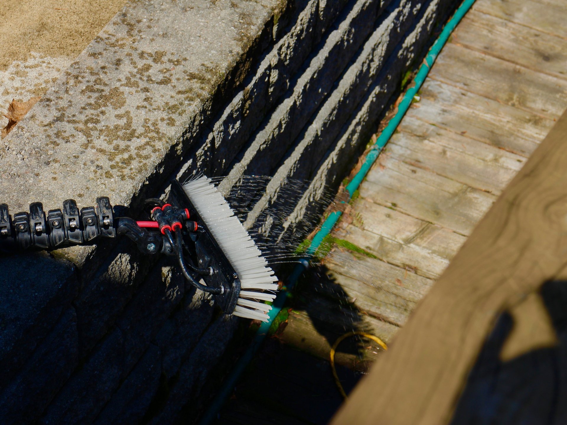 Water-fed pole window cleaning equipment showing brush head and hose