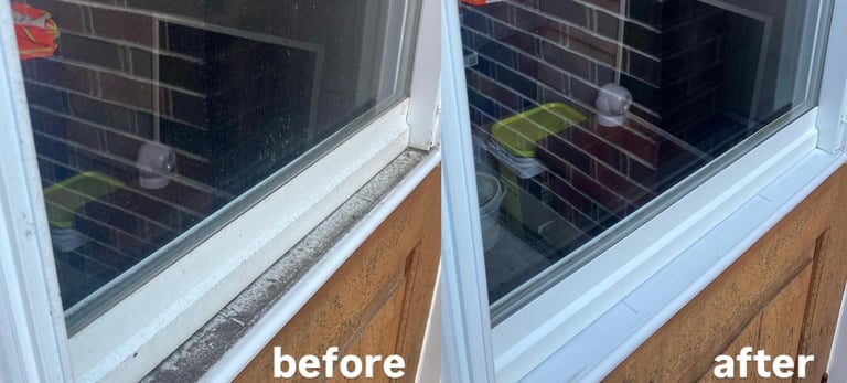 Before and after comparison of window cleaning showing dirty sill on left and clean sill on right